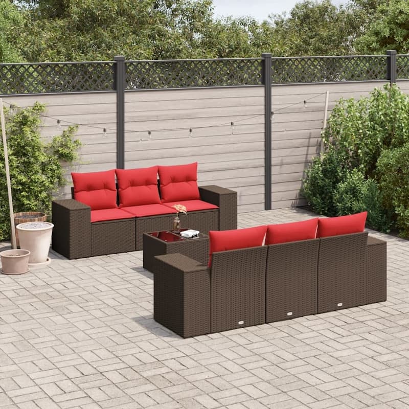 vidaXL 7 Piece Patio Sofa Set with Cushions Black Poly Rattan - 21.7" x 24.4" x 27.2" - Brown