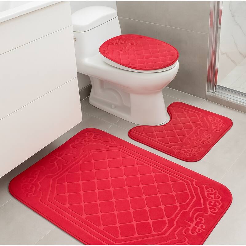 3 Piece Red Ultra Soft Thick Memory Foam Non-Slip Absorbent Bathroom Bath Mat Set - Red