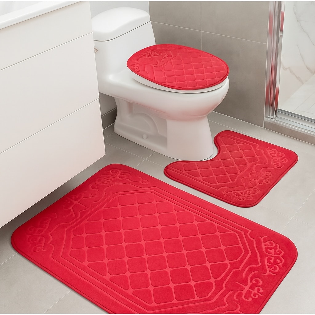 3 Piece Red Ultra Soft Thick Memory Foam Non-Slip Absorbent Bathroom Bath Mat Set