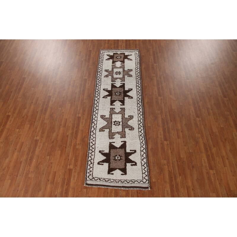 Natural Dye Beige Tribal Anatolian Runner Rug Hand-knotted Wool Carpet - 3'2"x 10'9"