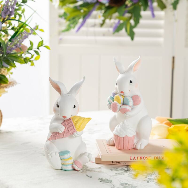 Glitzhome Easter Resin Bunny Holding Macaron Table Decor Stacked Rabbit Figurine