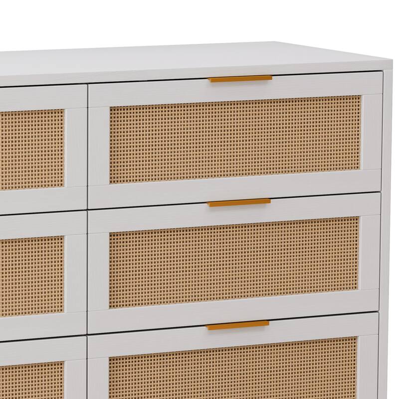 43.31" Rattan Chest of Dresser with Storage, 6 Drawer Dresser for Bedroom, White