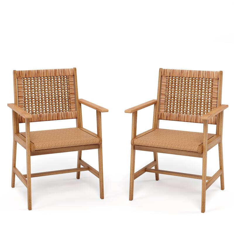 MAISON ARTS 2-Piece Patio Natural Solid Acacia Wood Dining Chairs, Patio Oil Finished Wooden Armchairs Set of 2