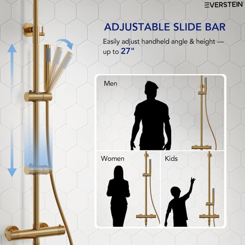 Height Adjustable Thermostatic Shower System with Tub Spout, 10" Rain Shower Head, Hand Shower, Brass Valve