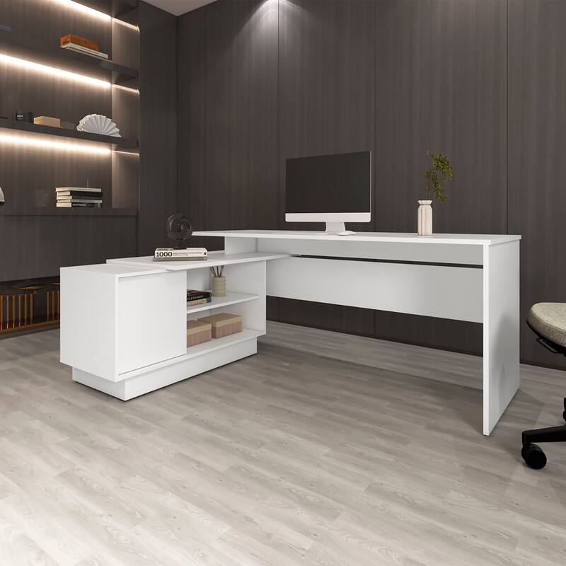 Minimalist L-Shaped Desk with Spacious Work Surface, Storage Shelves, and Durable Design for Contemporary Offices - White
