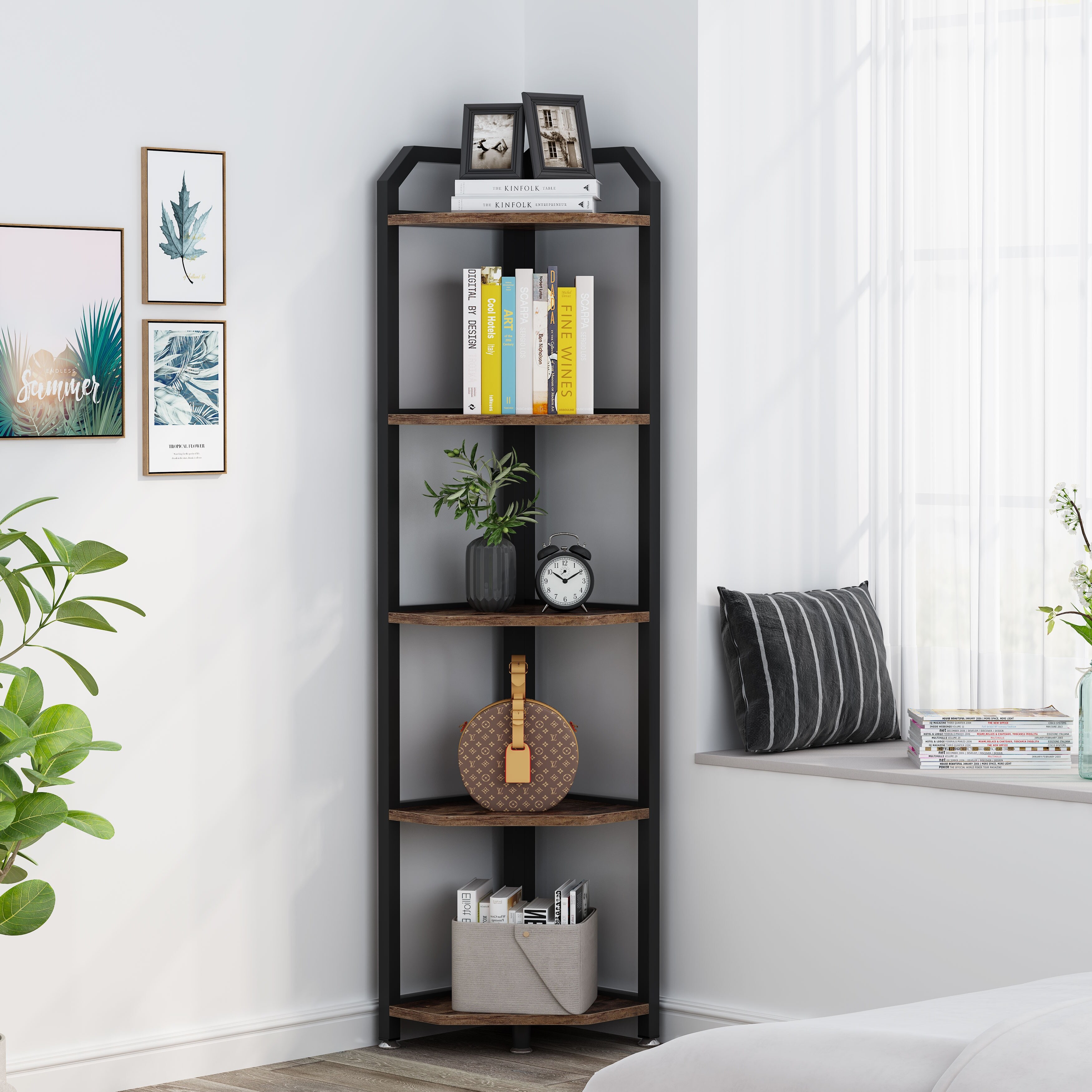 5 Tier Corner Display Unit Shelf Shelves Rack Library Storage Holders Organiser 