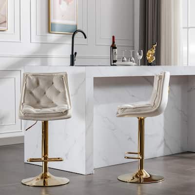 2 Pcs Velvet Swivel Bar Stools Adjustable Dining Chair with Footrest