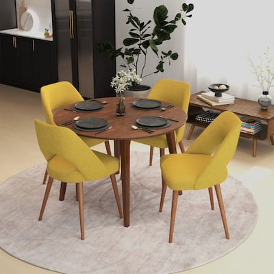 Haverhill 5-Piece Mid-Century Modern round Dining Set w/4 Linen Dining Chairs in Yellow