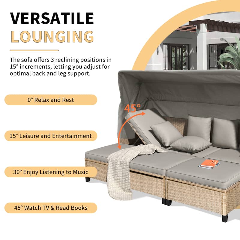 4 Piece UV-Proof Resin Wicker Patio Sofa Set with Retractable Canopy, Cushions & Lifting Table, Beige