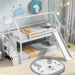 Twin Over Twin House Bunk Bed With Slide And Storage Staircase - Bed ...