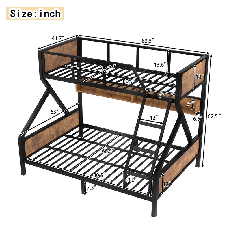Twin XL over Queen Bunk Bed, Metal Bunk Bed with Storage Shelves and Lights, Space-saving & Noise-free Design, Woodgrain