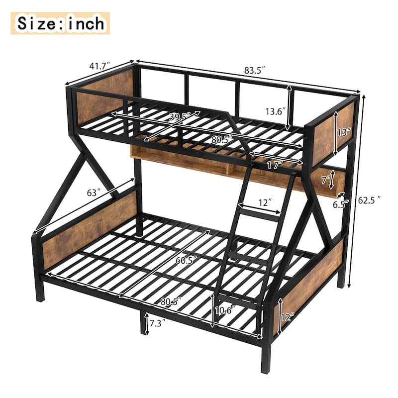 Twin XL over Queen Bunk Bed with Storage Shelves, Lights and Noise-Free Design