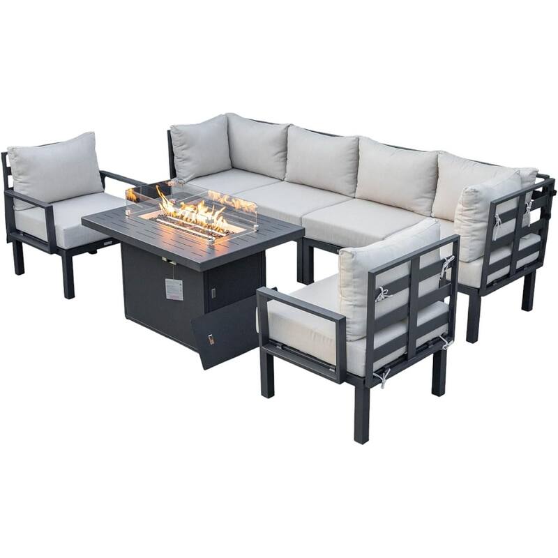 Chelsea 7-Piece Outdoor Patio Sectional Set with Firepit Table in Black Aluminum for Backyard Garden and Patio Deck - Beige