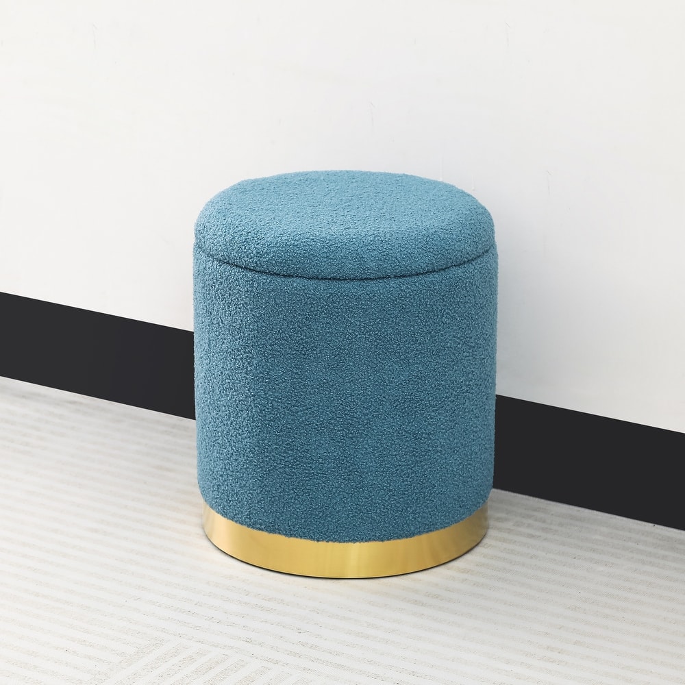 Adeco Velvet Round Storage Stool Gold Plating Base Storage Ottoman
