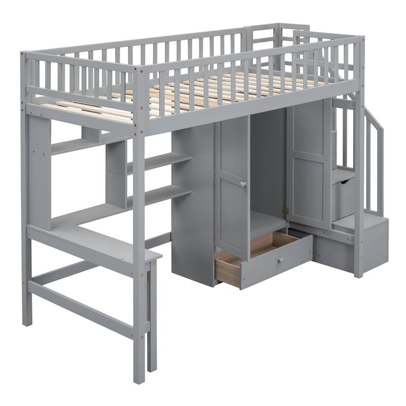 Twin size Loft Bed with Bookshelf,Drawers,Desk,and Wardrobe