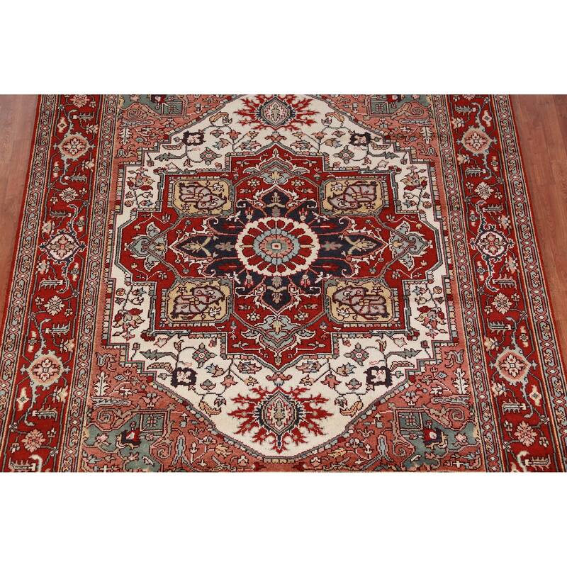 Hand Knotted Oriental 100% Wool Carpet Traditional Medallion Beige & Ivories Heriz (serapi) Area Rug - 10' 0'' X 7' 11''