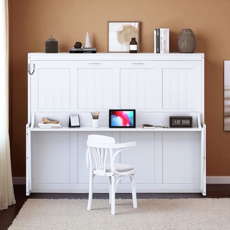 Full/Queen Murphy Wall Bed with Desk, Hydraulic Lift, 600 lb Capacity, 10 in Mattress, Space-Saving Home Office - White - Full