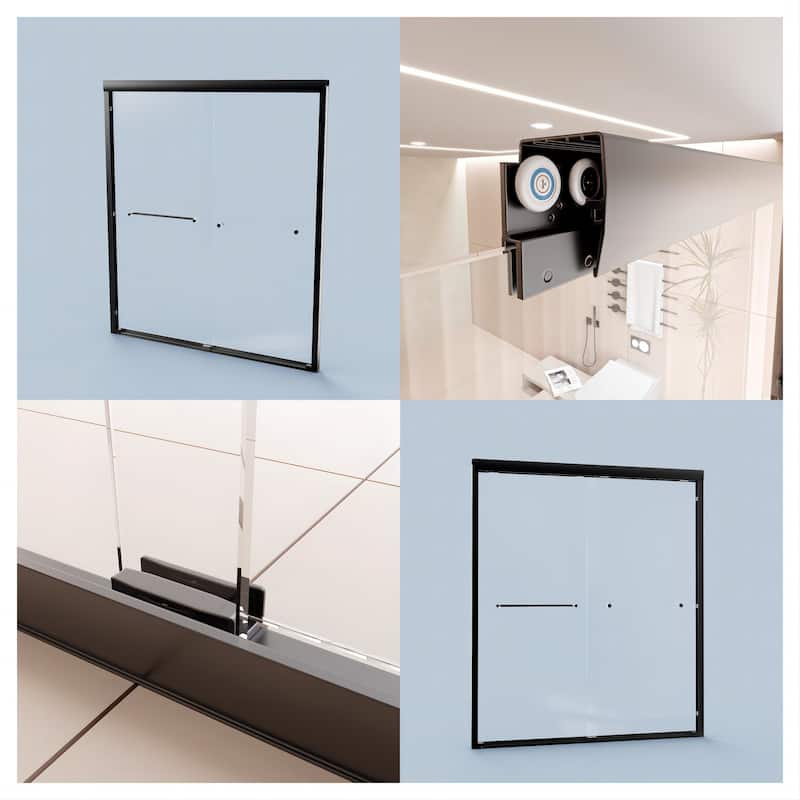 60''W Semi-Frameless 1/4'' Glass Double Sliding Shower Door in Black/Chrome for Bathroom