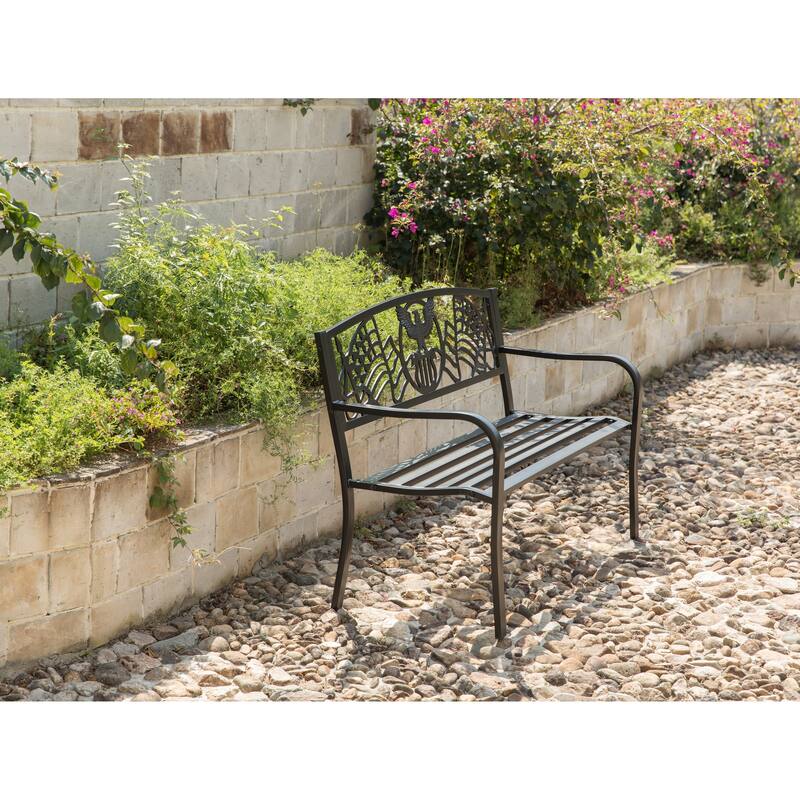 Steel Outdoor Patio Garden Park Seating Bench with Cast Iron "Patriotic American Flag and Eagle" Backrest, Front Porch Bench