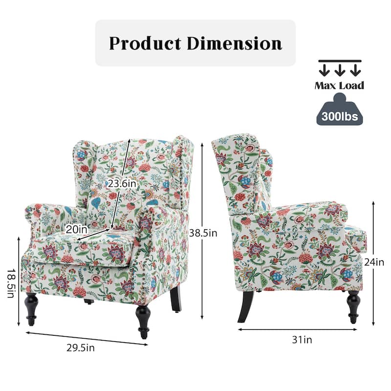 HOMYKA 29'' Wide Floral Pattern Wingback Accent Armchair with Nailhead Trim
