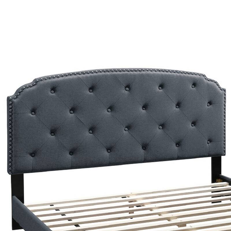 Queen Bed with Button Tufted Scalloped Headboard, Gray