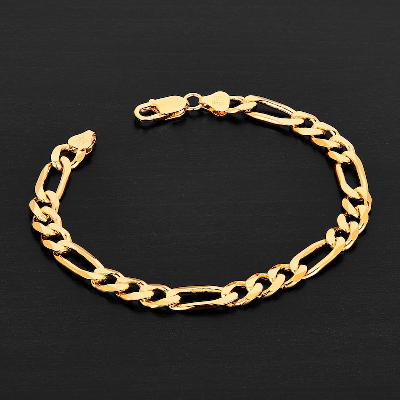 Roberto Martinez Gold Plated and Sterling Silver 7.5 mm Diamond-Cut Figaro Bracelet (8 Inch)