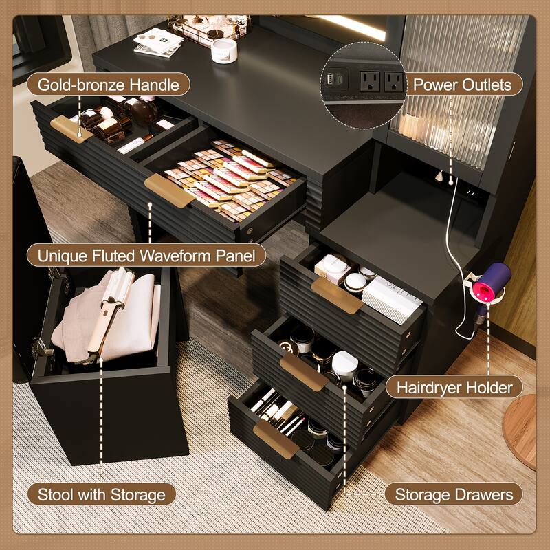 43.5" Vanity Desk with Mirror and Lights, Fluted Makeup Vanity with Charging Station, 5 Drawers and a Glass Door Cabinet