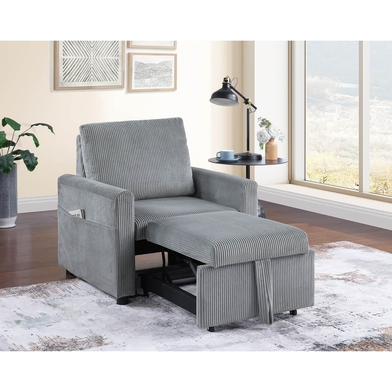 Oswin 32.5"W Gray Corduroy Armchair with Pull-Out Chaise and Side Pocket