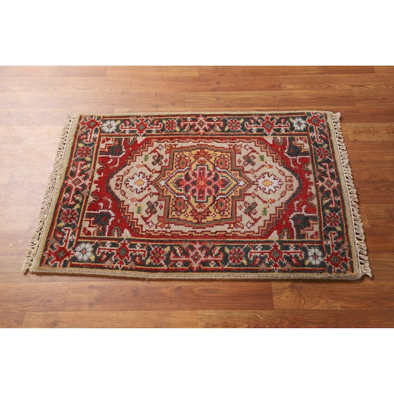 Hand Knotted Oriental 100% Wool Carpet Traditional Medallion Beige & Ivories Heriz (serapi) Area Rug - 3' 0'' X 2' 0''