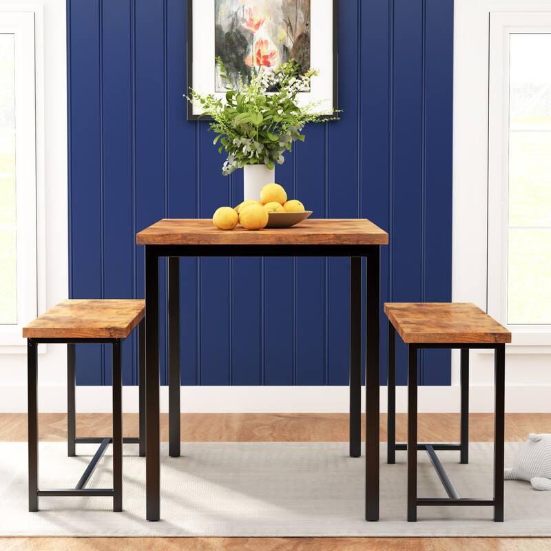 Mieres Vintage Industrial Style 3 Piece Dining Table with 2 Benches Set, Space Saving Kitchen Dining Room Bar Table Set