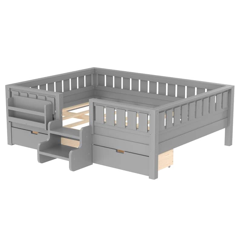 Multiple Colors Toddler Montessori Bed Children's Platform Bed with Low Profile Stairs, Built-in Bookshelf and Storage Drawers