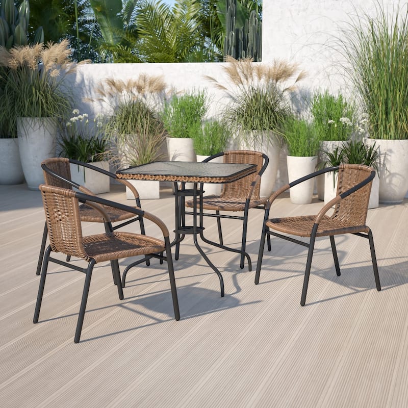 Square Tempered Glass Indoor/Outdoor Bistro Table with Rattan Edging - Clear Top/Dark Brown Rattan