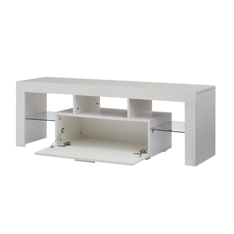 GDF Studio - Modern White Particle Board TV Stand with LED Light Belt and Glass Shelf