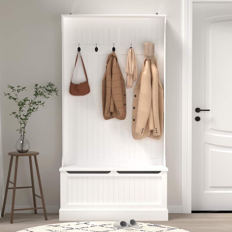 Entryway Bench with 5-Hook Coat Rack & Shoe Storage - White
