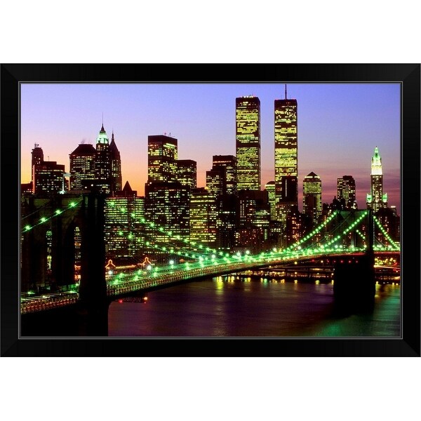 "Brooklyn Bridge and Manhattan skyline at dusk, New York" Black Framed Print