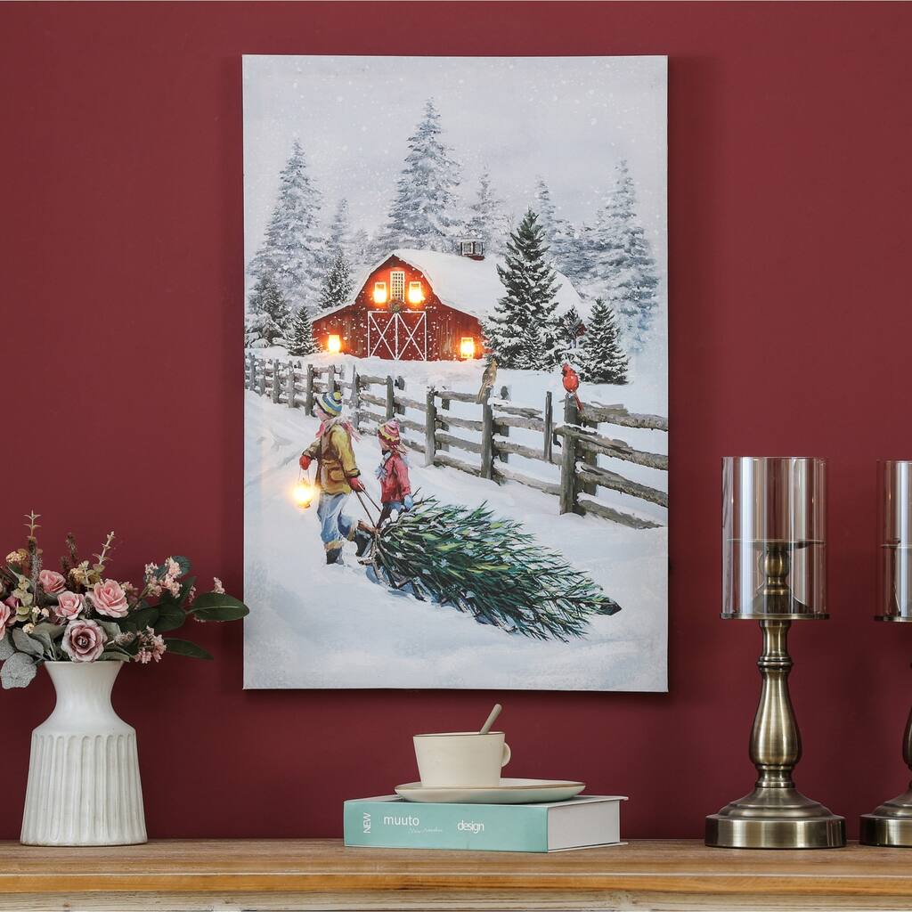 Christmas Tree Old-Fashion Winter Canvas Print with LED Lights - 23.62" H x 15.75" W x 0.98" D