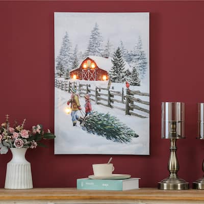 Christmas Tree Old-Fashion Winter Canvas Print with LED Lights - 23.62" H x 15.75" W x 0.98" D