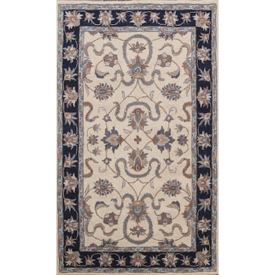 Beige Traditional Floral Oriental Wool Area Rug Hand-tufted Carpet - 5'0" x 8'0"