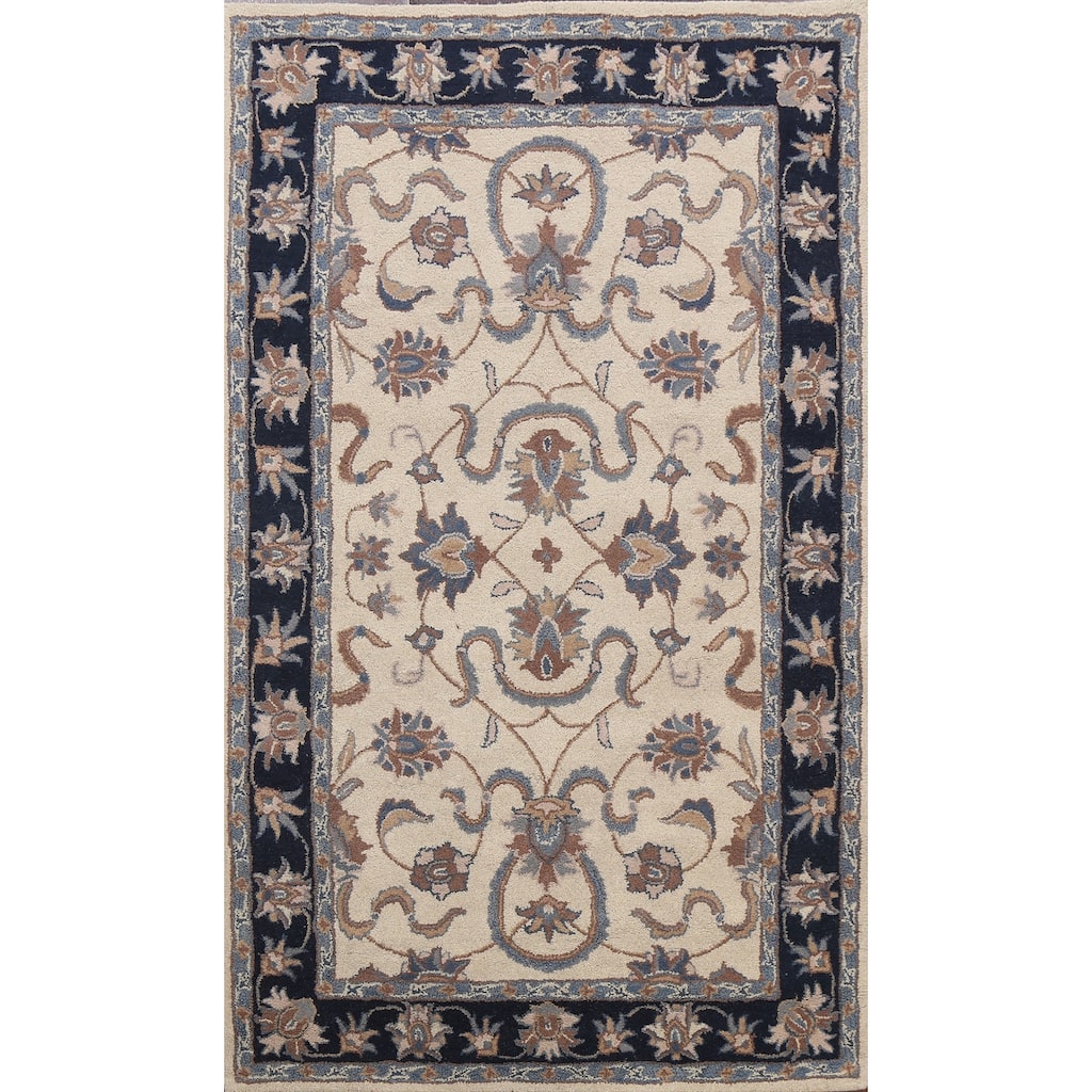 Beige Traditional Floral Oriental Wool Area Rug Hand-tufted Carpet - 5'0" x 8'0"