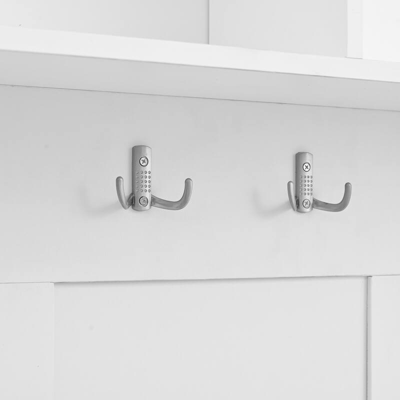 Roomfitters Elegant Hall Tree with Cushioned Bench and Sliding Doors, Mudroom Shoe Storage Cabinet with 6 Silver Hooks