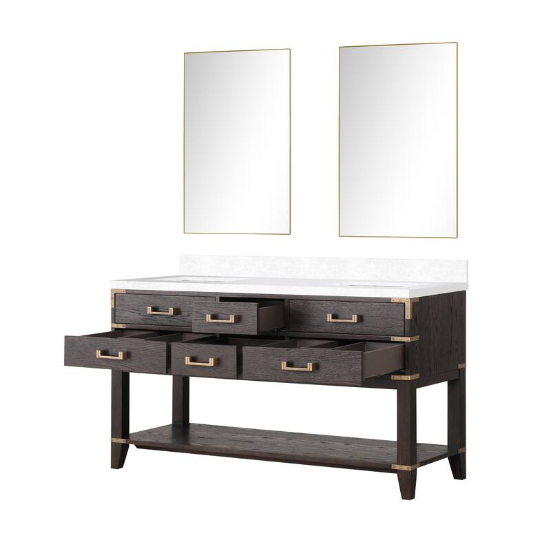 Norwalk 60 in W x 22 in D Black Oak Double Bath Vanity, White Quartz Top, and 28 in Mirrors