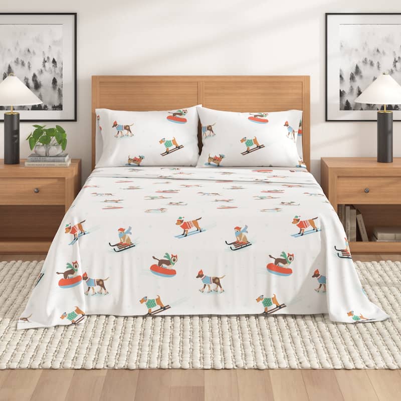 Linery & Co. Christmas Turkish Cotton Double-Brushed Flannel Bed Sheet Set - California King - Outdoor Festive Dogs