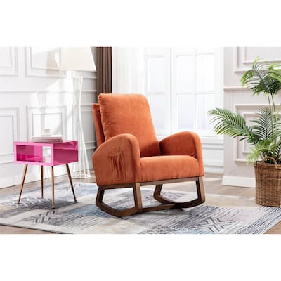 Glider Rocking Chair with Padded Seat, High Back Armchair with Side Pocket, Lounge Recliner with Solid Wood Base