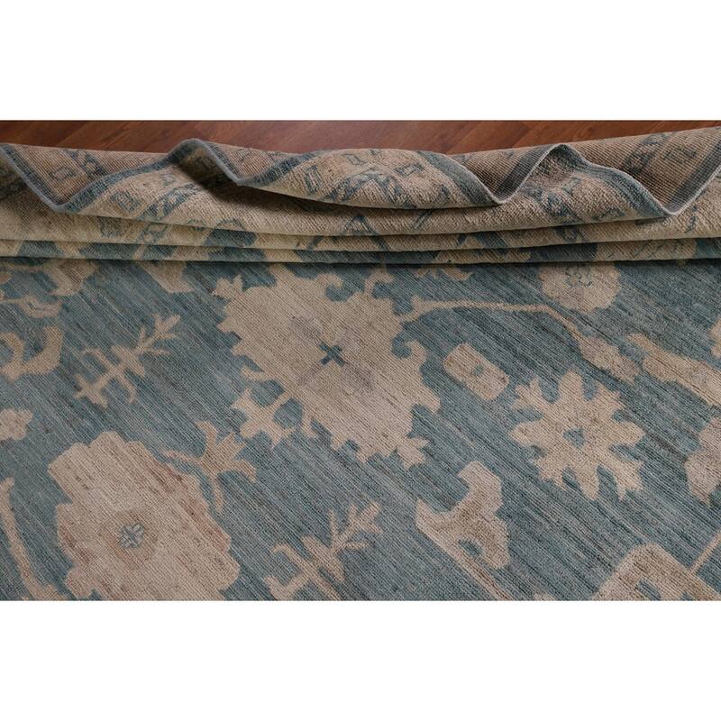 Teal Blue Vegetable Dye Oushak Turkish Rug Hand-Knotted Wool Carpet - 7'10" x 10'6"