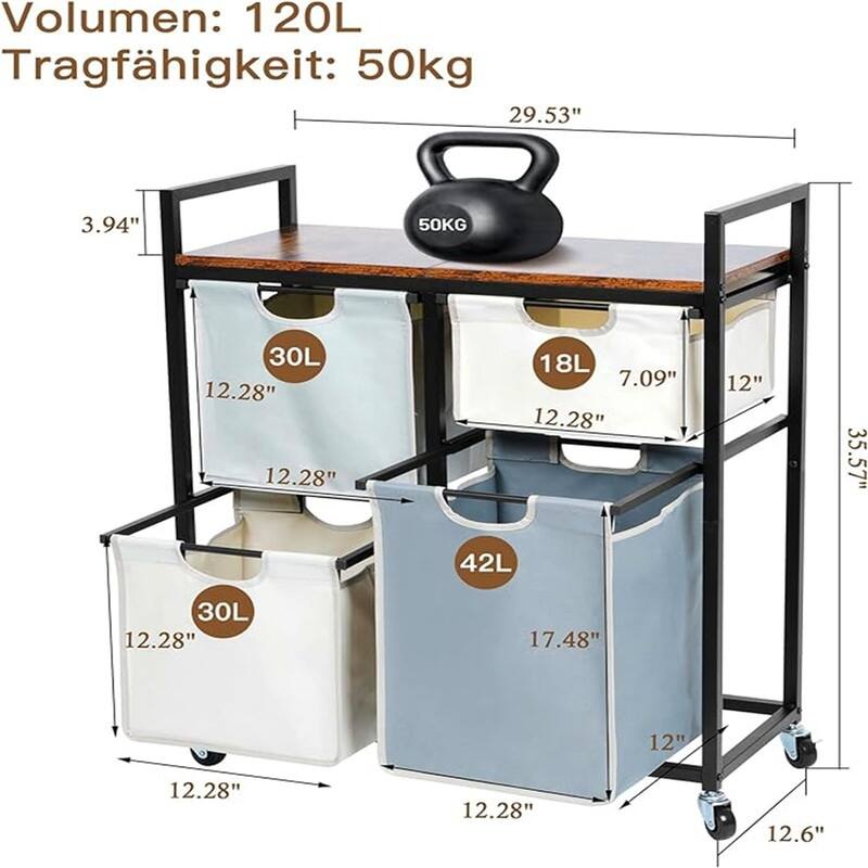 Laundry Hamper Rolling Laundry Sorter Cart with 4 Pull Out Bags - 29.5"L x 12.5"W x 35.4"H