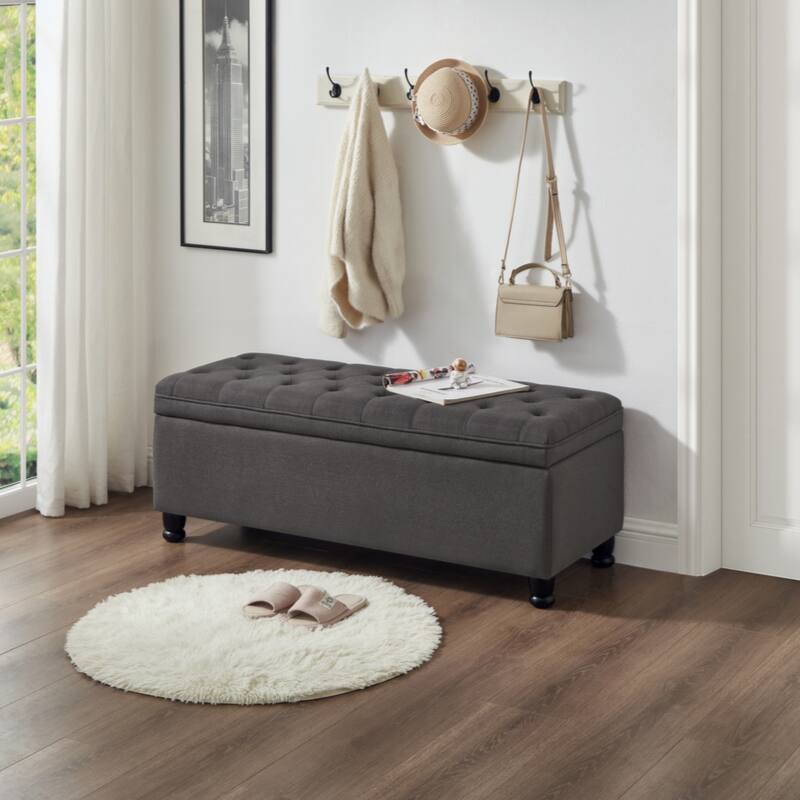 Upholstered tufted button storage bench ,Faux leather entry bench with spindle wooden legs, Bed bench