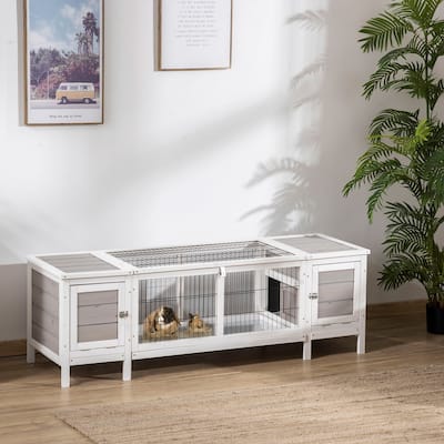Multifunctional Fir Wood Indoor Small Animal Playpen Cage Hutch with Extractable Divider and Steel Frame