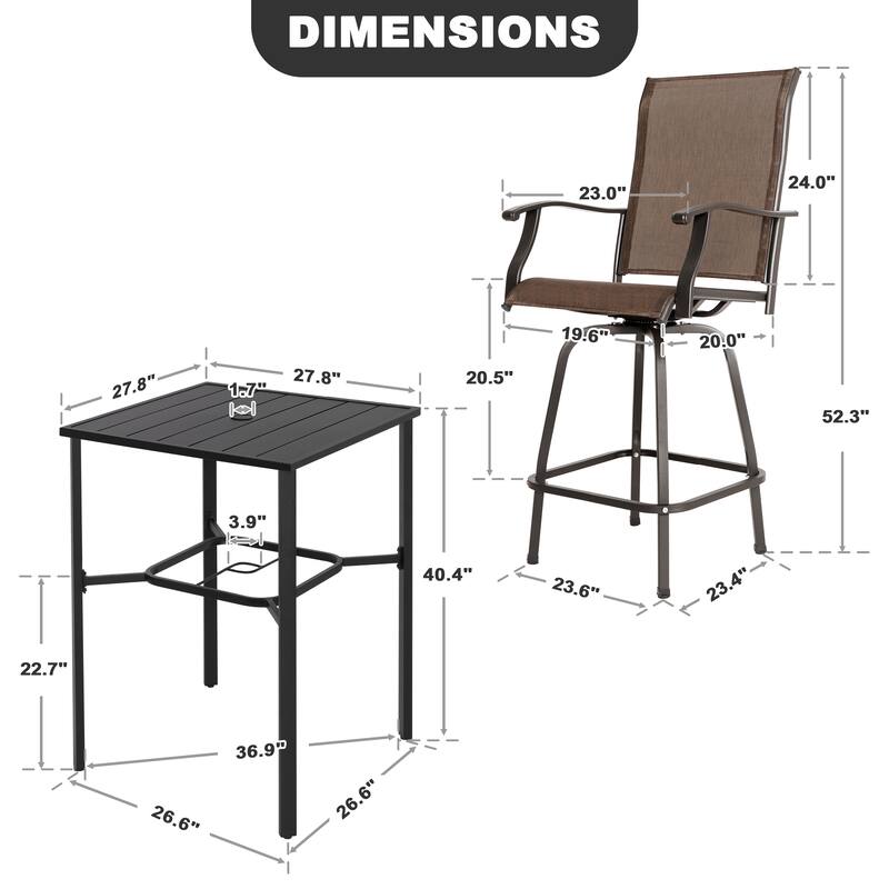 Outdoor 3-Piece Textilene Bar Set, Swivel Bar Stools and Umbrella Hole, Black and Brown with Gold Speckles