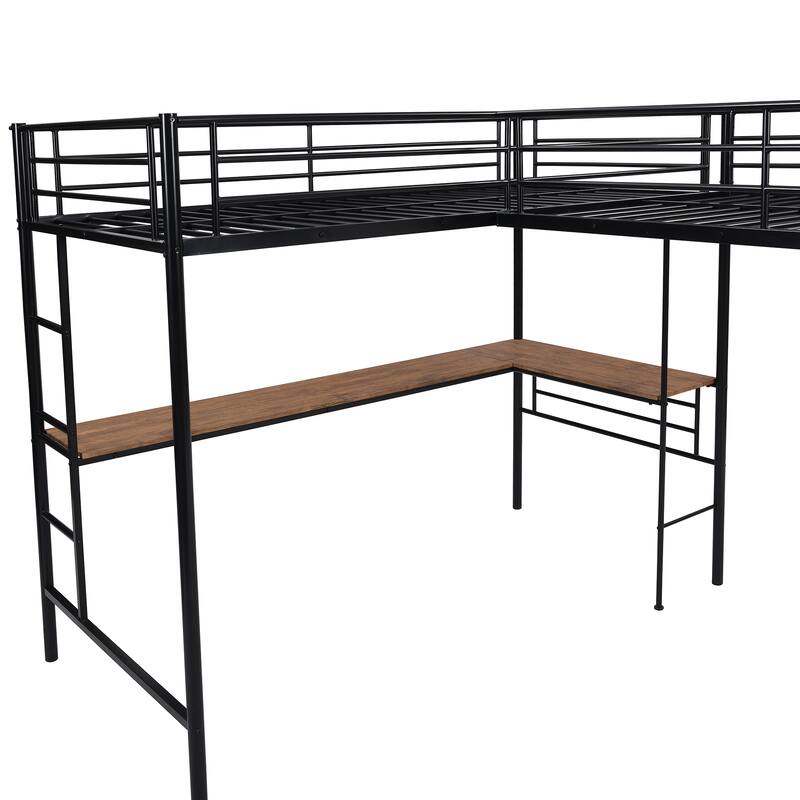 Double Twin Size Metal L-Shaped Loft Bed with Two Built-in Desks and Full-Length Guardrails