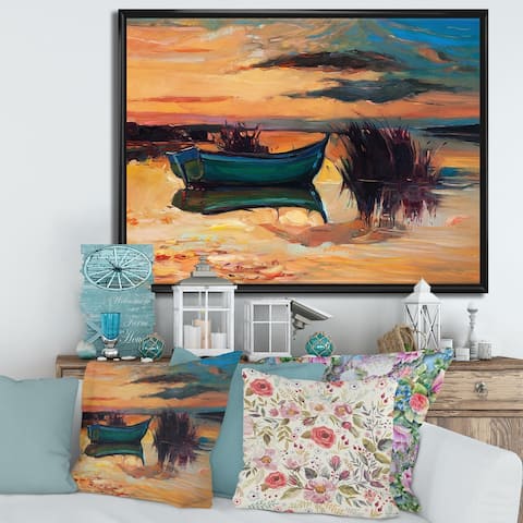 Designart "Boat During Evening Glow At The Lake I" Nautical & Coastal Framed Canvas Wall Art Print